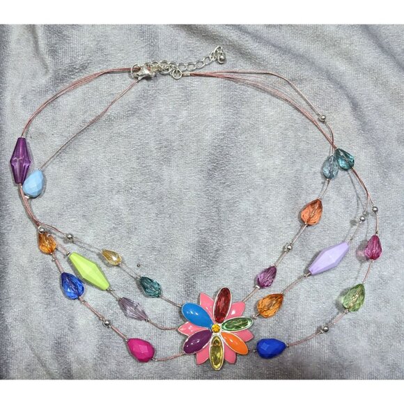 Rainbow Floral Enamel And Rhinestone Layered Beaded Necklace - Picture 4 of 5